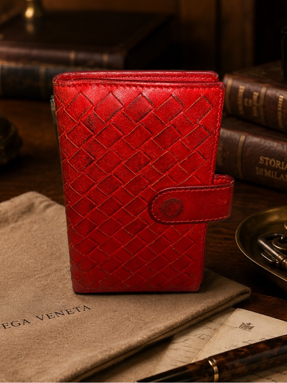 Bottega Veneta Intrecciato Red Leather Key Holder